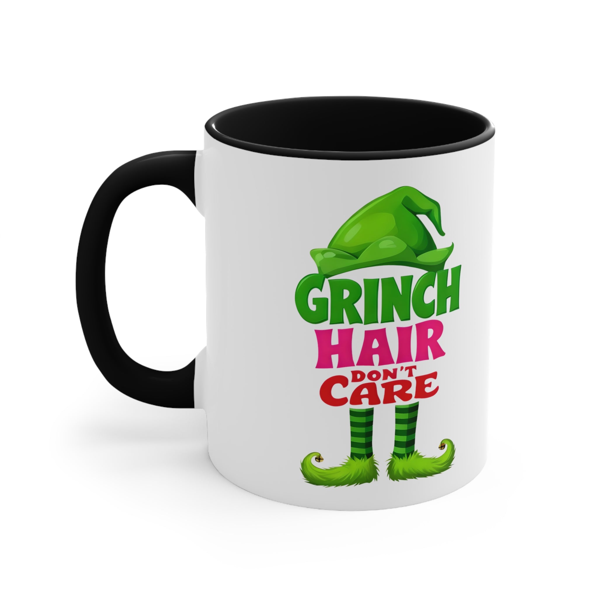 Christmas accent mug with 'Grinch Hair Don't Care' graphic, black interior and handle