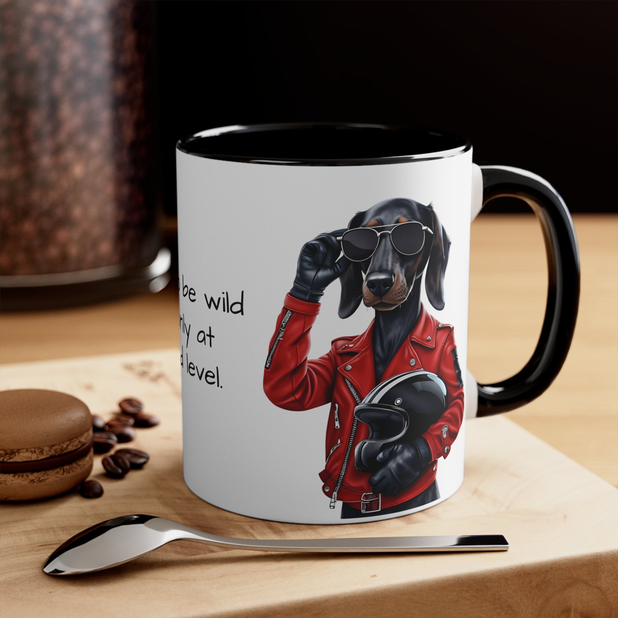 Dachshund in Motorbike Outfit Accent Mug Born to be Wild at ground level Fun Dog Lover Gift