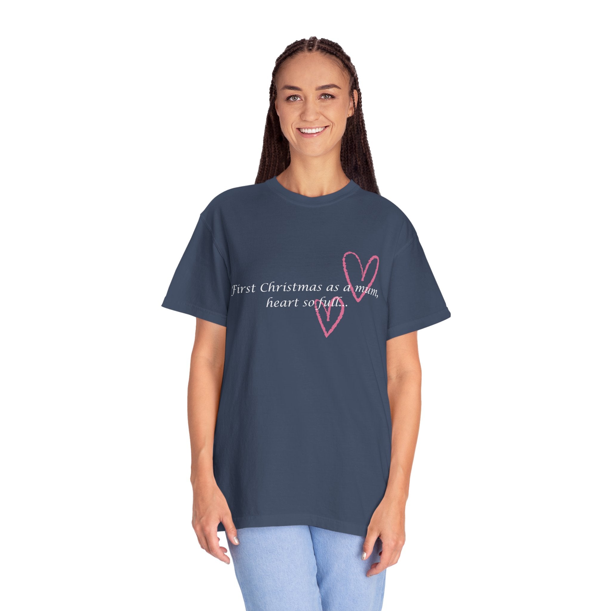 Navy heart slogan T-shirt worn by a woman, with pink heart and script text.
