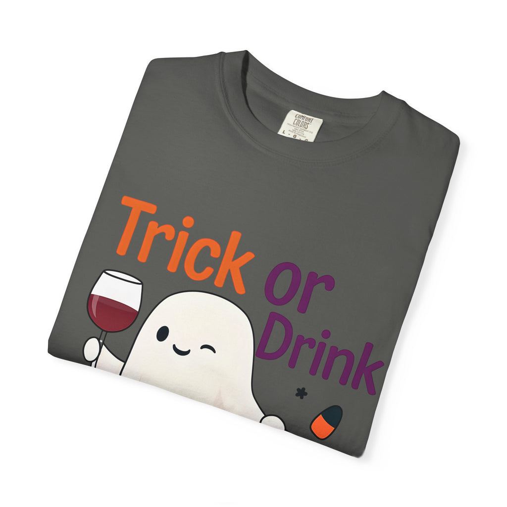 Charcoal Halloween ghost t-shirt folded, 'Trick or Drink' ghost and wine glass