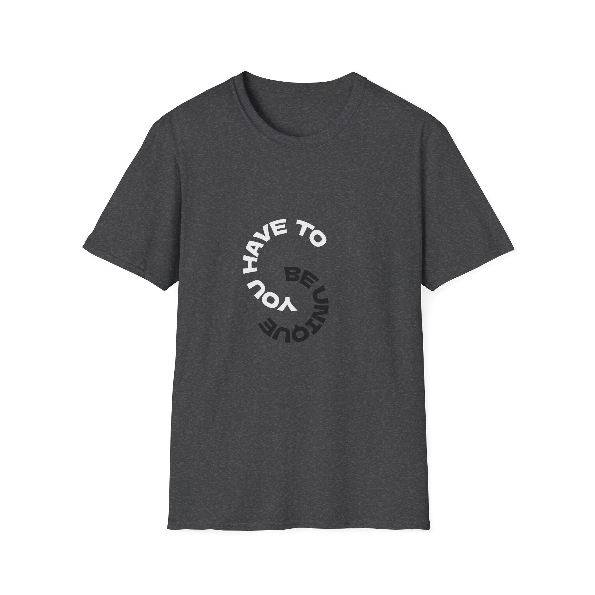 Unisex graphic T-shirt in dark charcoal with green and white circular typographic logo