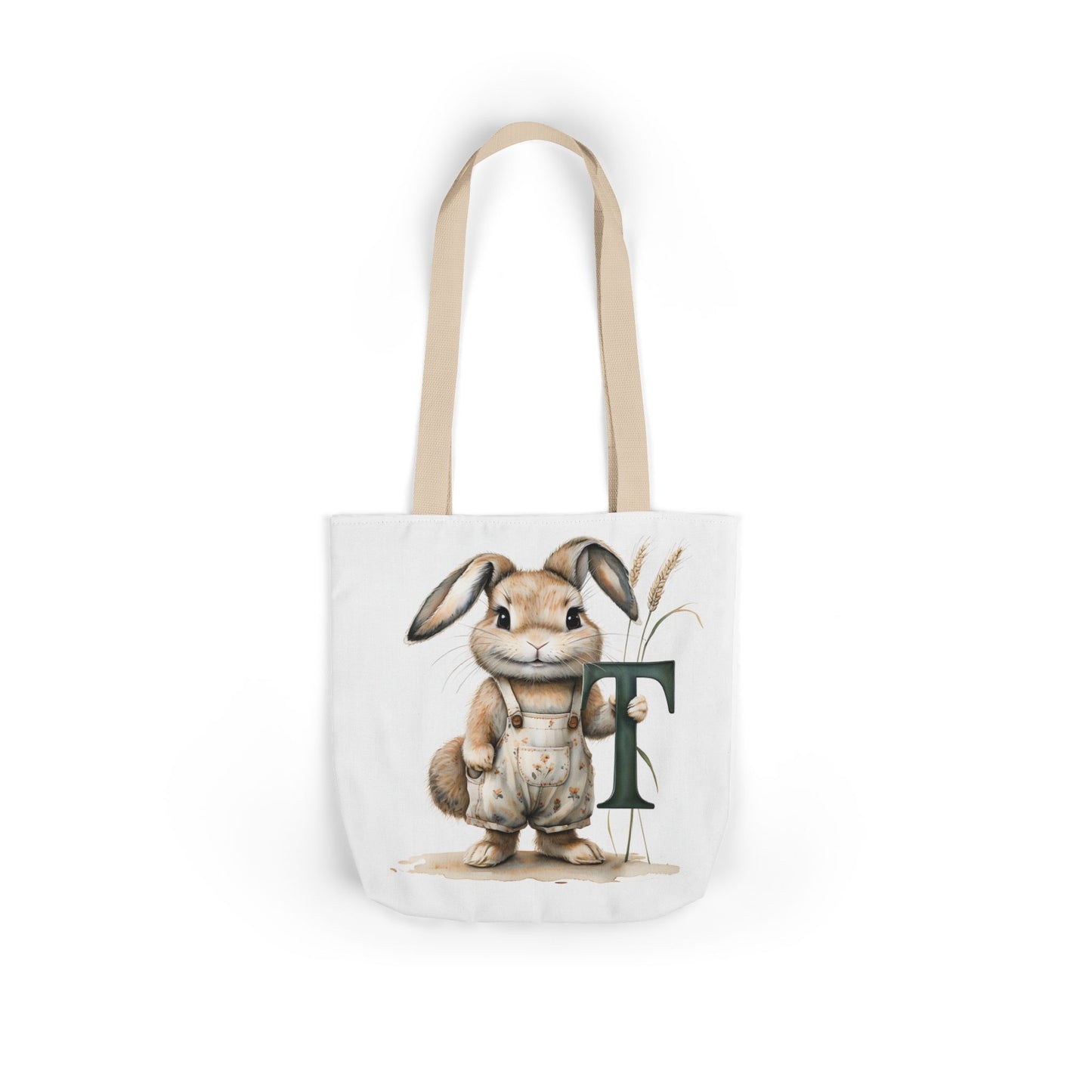 Cute Letter T Bunny Canvas Tote Bag with Colorful Straps, Eco-Friendly Reusable Shopping Bag, Easter Gift, Spring Tote, Cute Gift idea