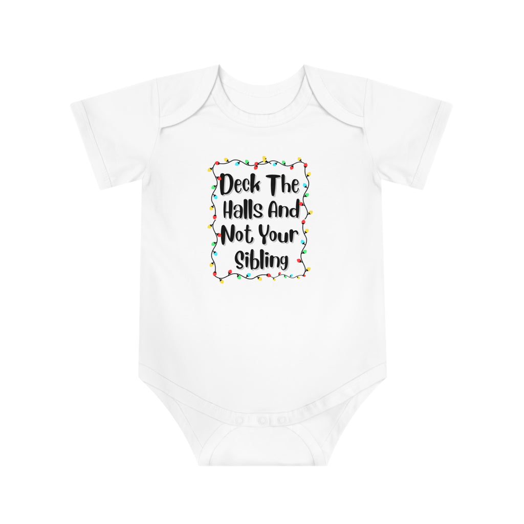 White baby bodysuit with colorful holiday lights text graphic on front