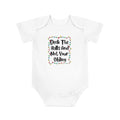 White baby bodysuit with colorful holiday lights text graphic on front