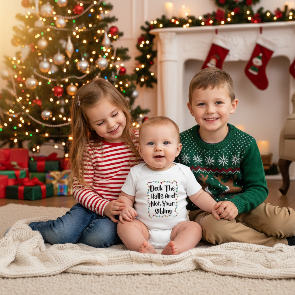 White baby bodysuit on baby with colorful holiday lights text graphic