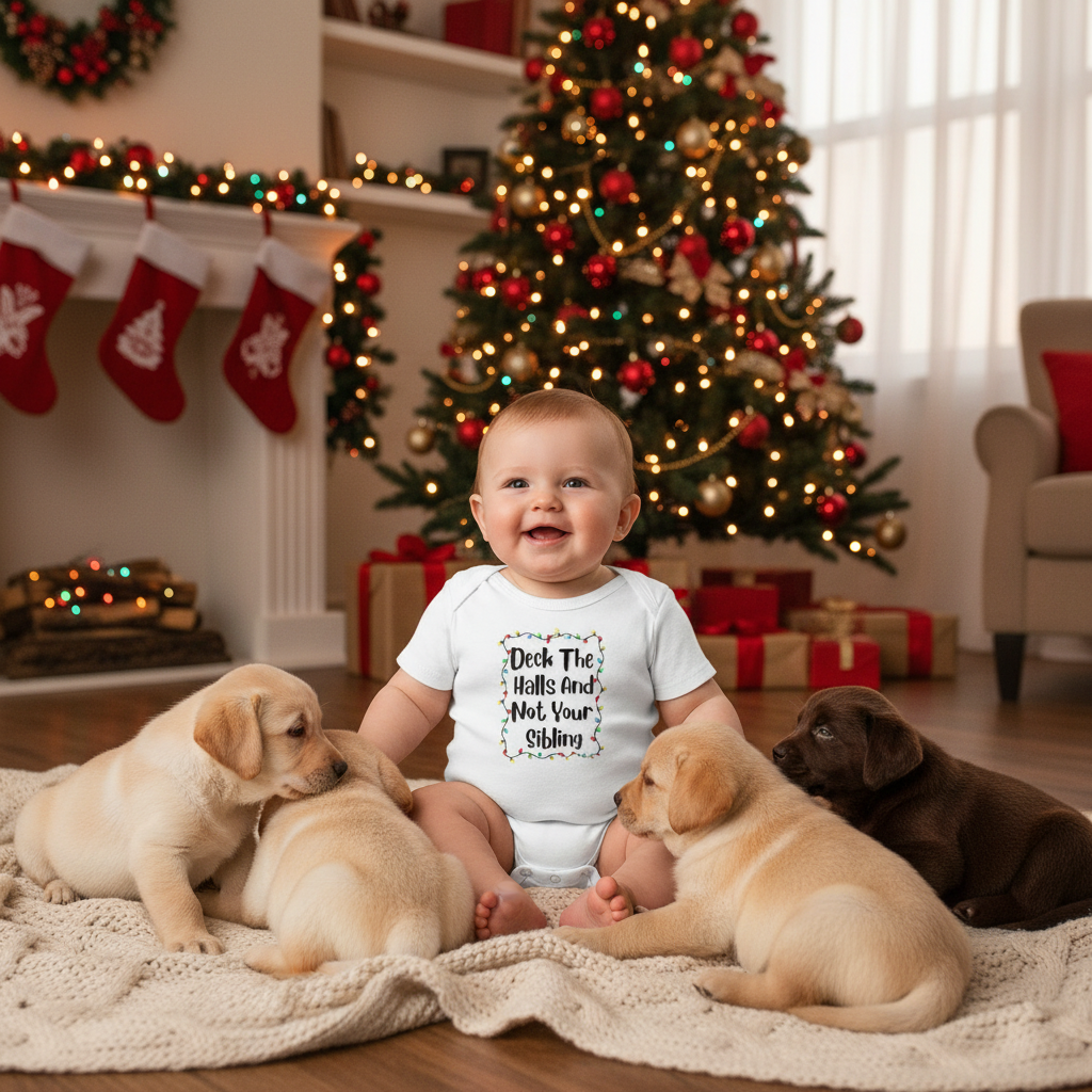 White baby bodysuit with front colorful holiday lights text graphic
