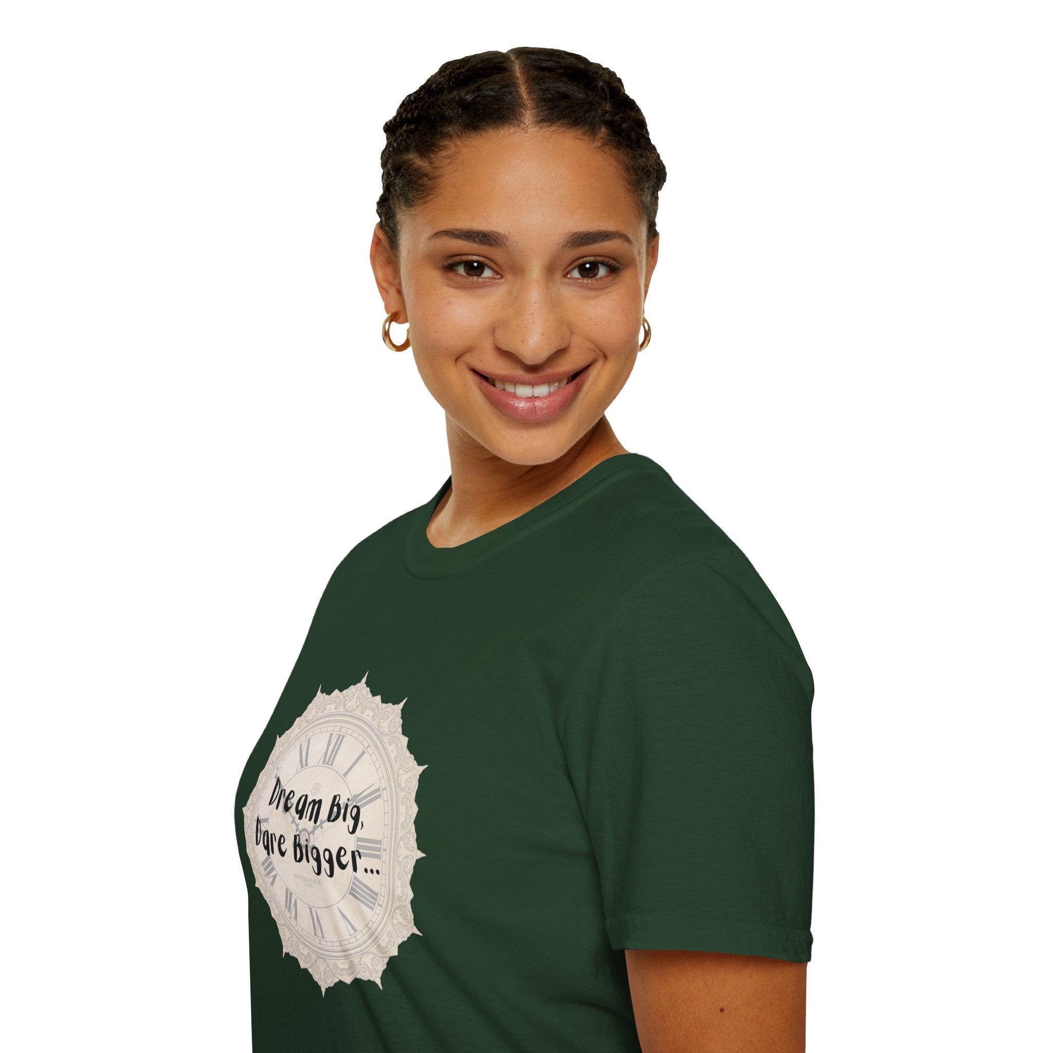 Forest green crewneck T-shirt worn by model with left chest graphic