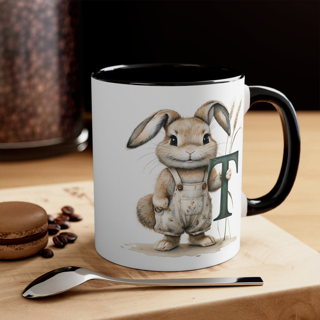 Whimsical Letter T Bunny Accent Mug, 11oz - Perfect for Easter, Spring Gifts, Coffee Lovers, Home Decor, Cute Animal Cups