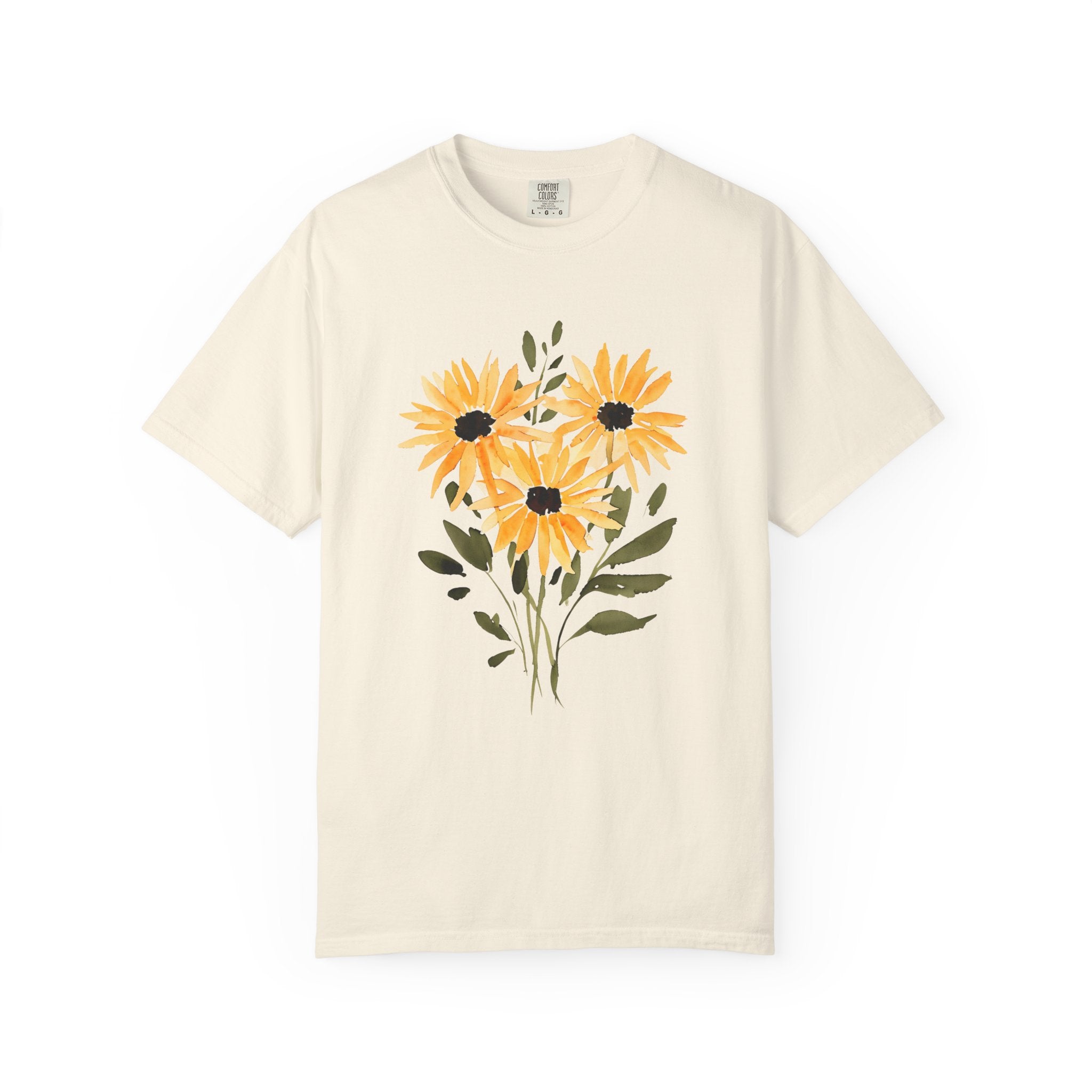 Ivory t-shirt with sunflower bouquet graphic in orange, yellow, and dark accents
