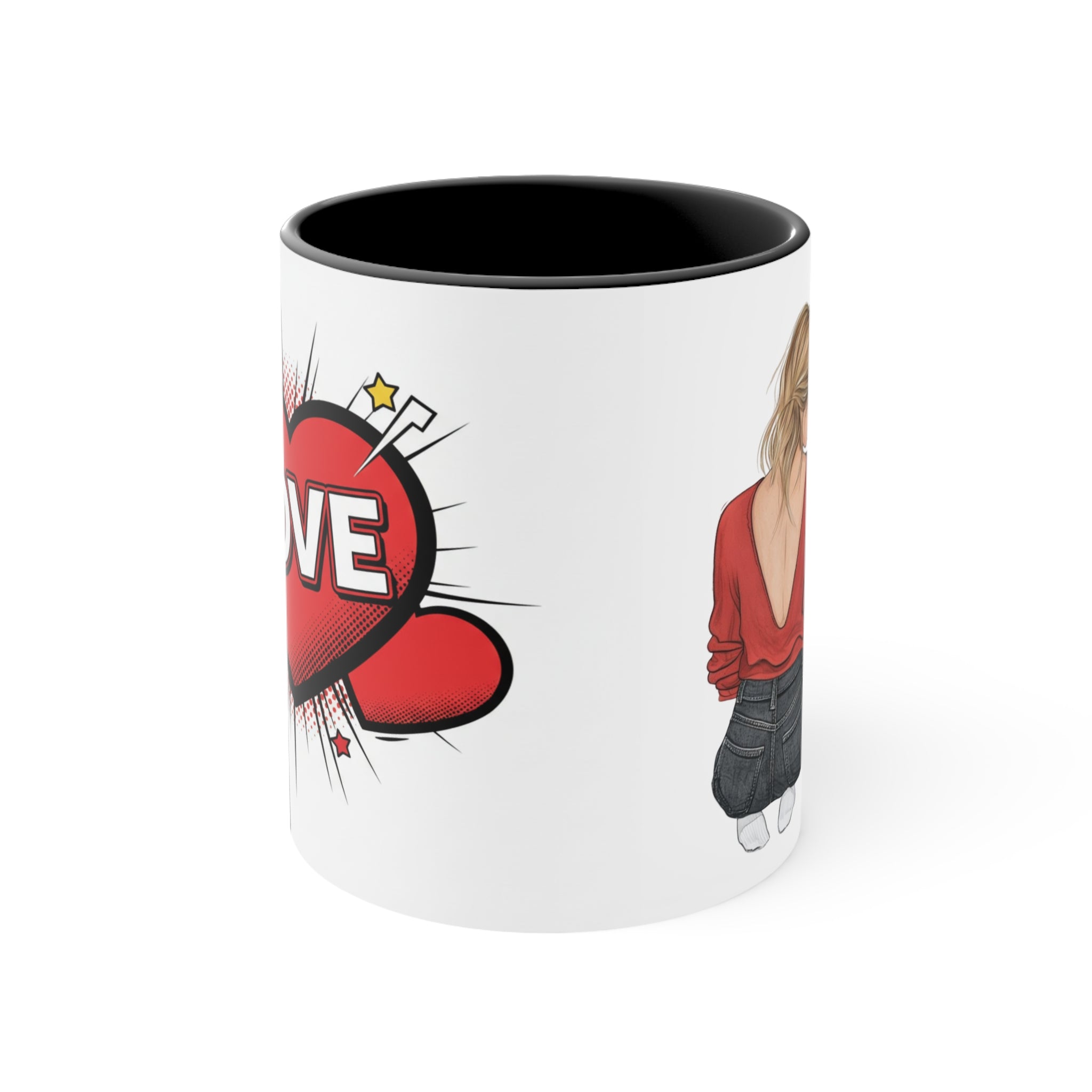 White mug with black interior and red love heart graphic; accent stars