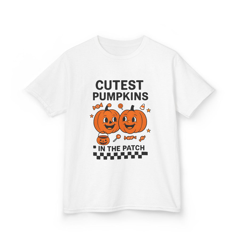 Kids white Halloween tee with centered orange pumpkin graphic and 'IN THE PATCH' text