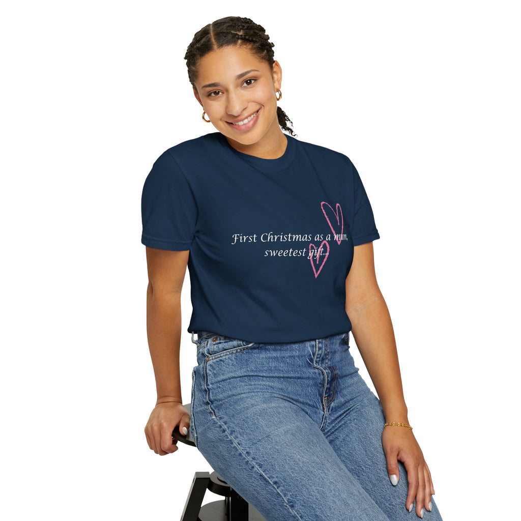 Navy crew-neck T-shirt with pink 'First Christmas as a mum' text and heart graphic