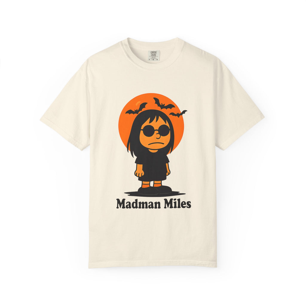 Ivory unisex T-shirt, front view, Halloween character graphic with “Madman Miles”