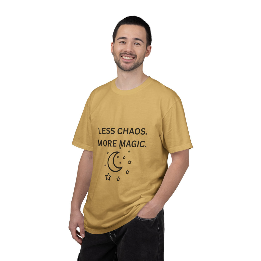 Less Chaos, More Magic T-Shirt — Crescent Moon + Stars Graphic Tee