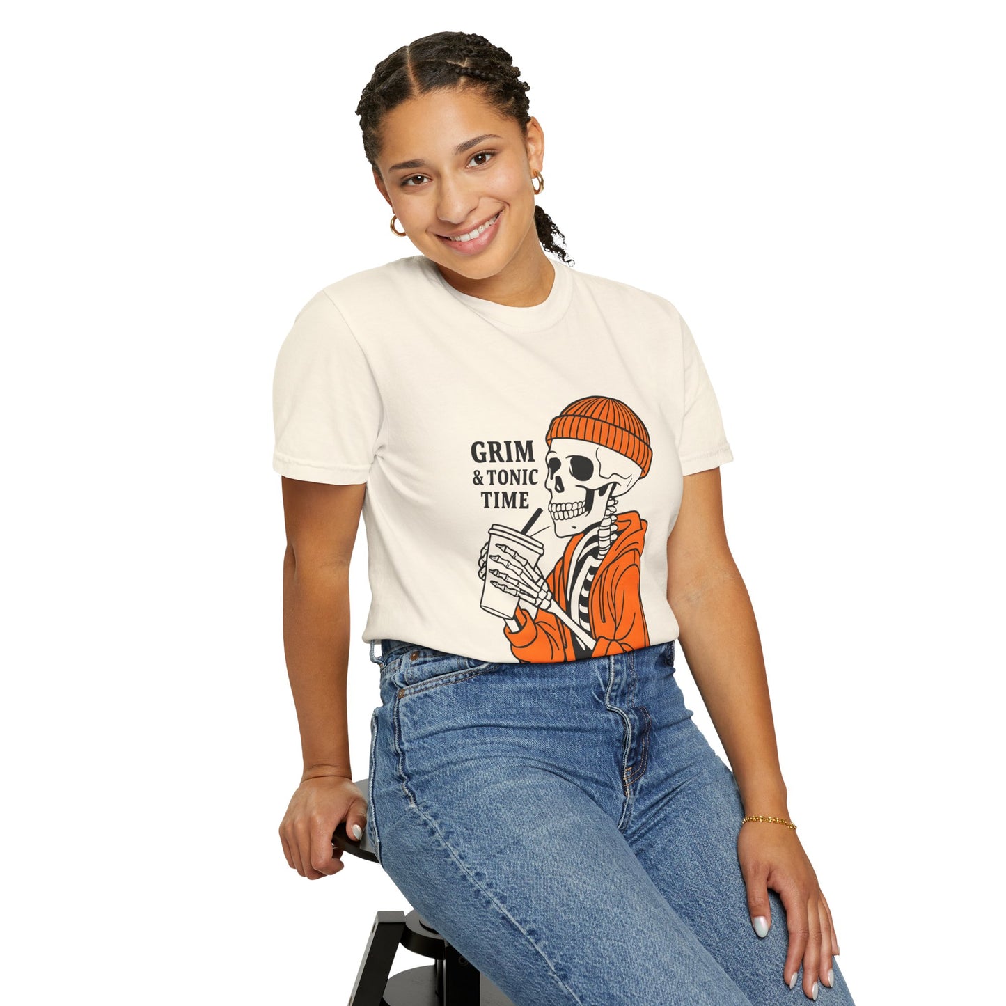 Grim & Tonic Time Graphic Tee, Casual Unisex T-Shirt, Perfect for Halloween, Gift for Spirits Lovers, Skulls and Sips Design