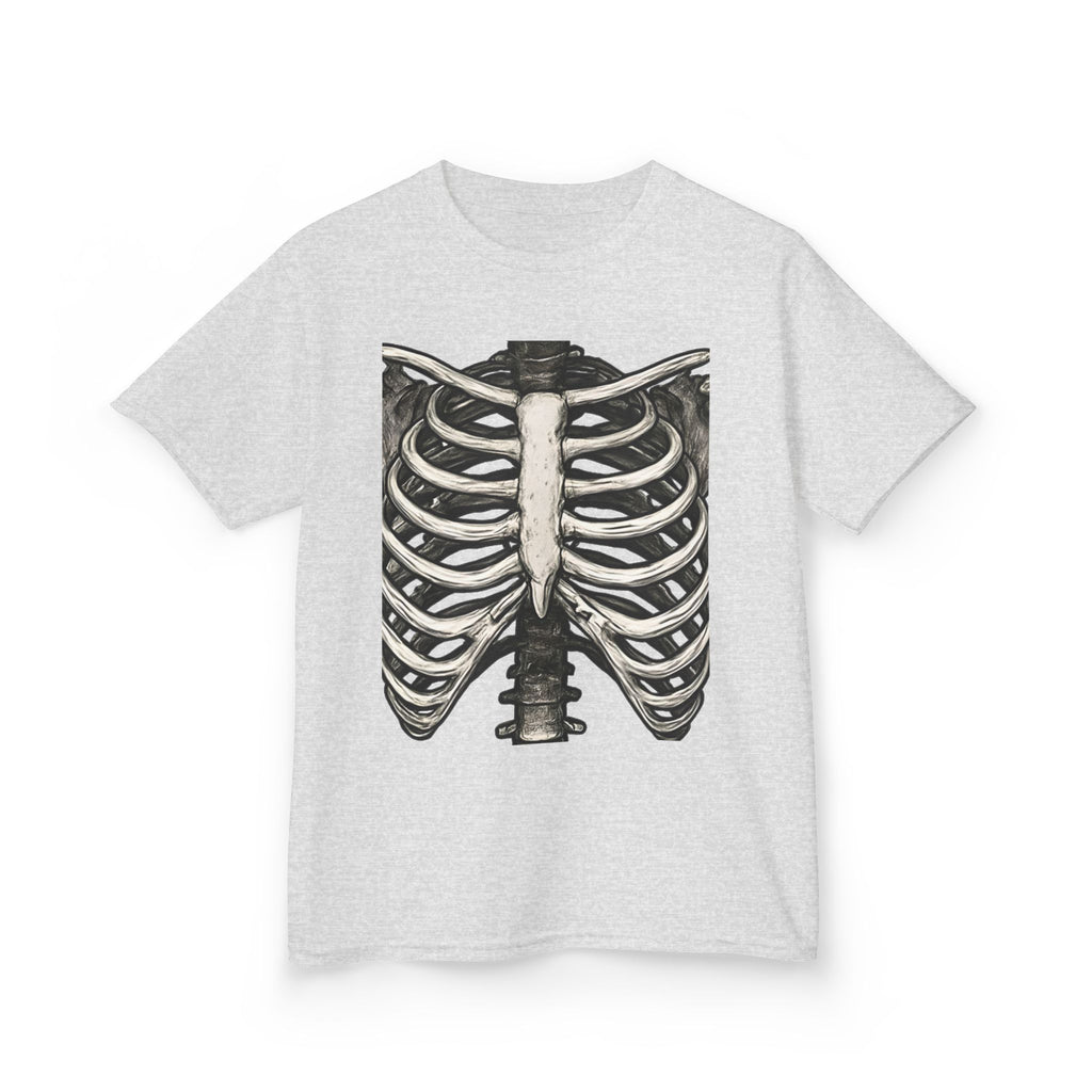 Ash gray kids t-shirt with skeleton ribcage graphic print, short sleeves and crew neck