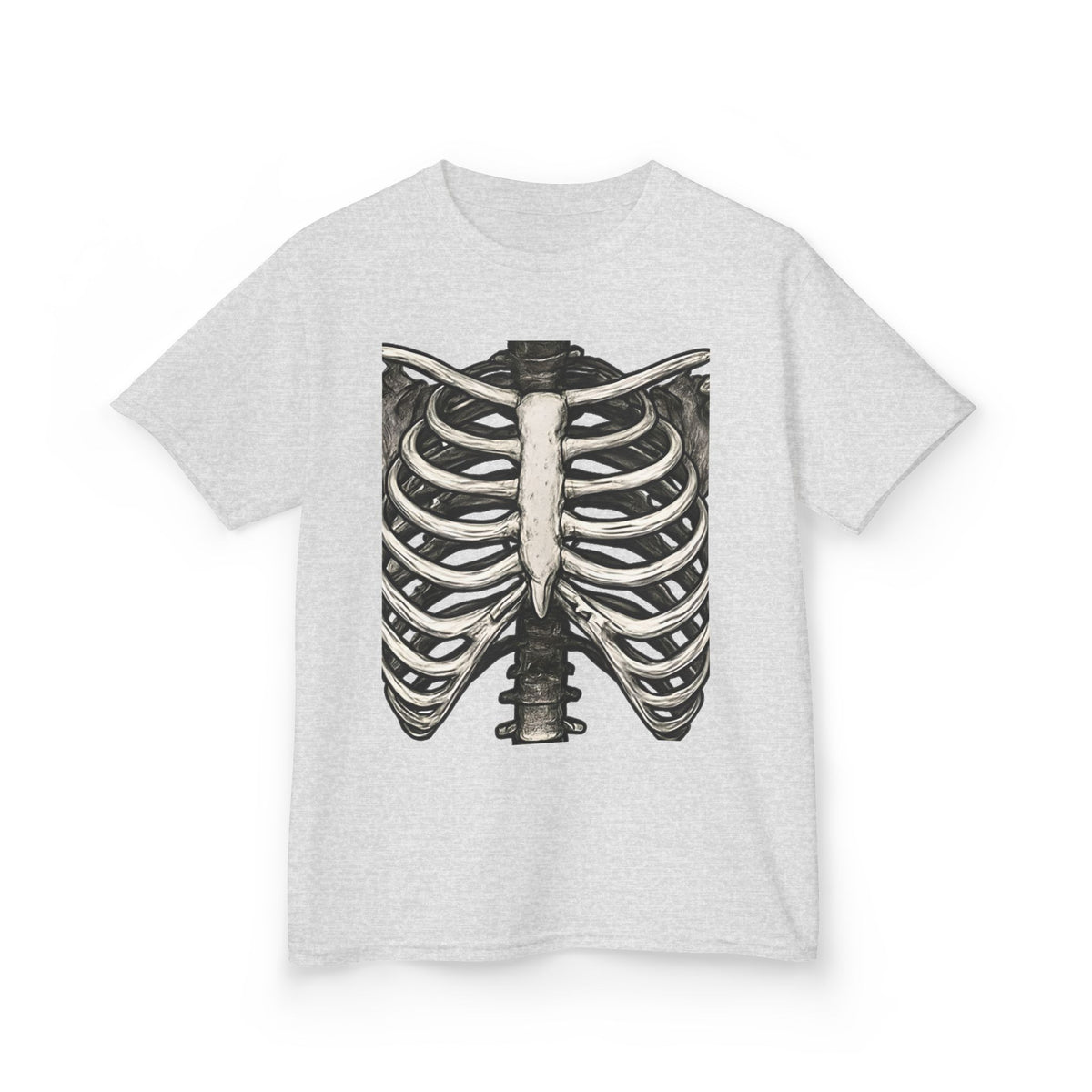 Ash gray kids t-shirt with skeleton ribcage graphic print, short sleeves and crew neck