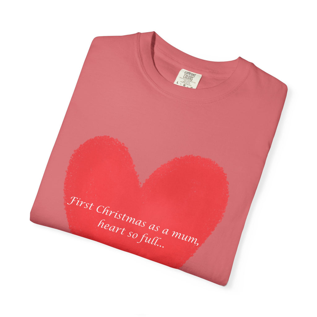 Pink T-shirt with painted red heart graphic and 'First Christmas as a mum' text