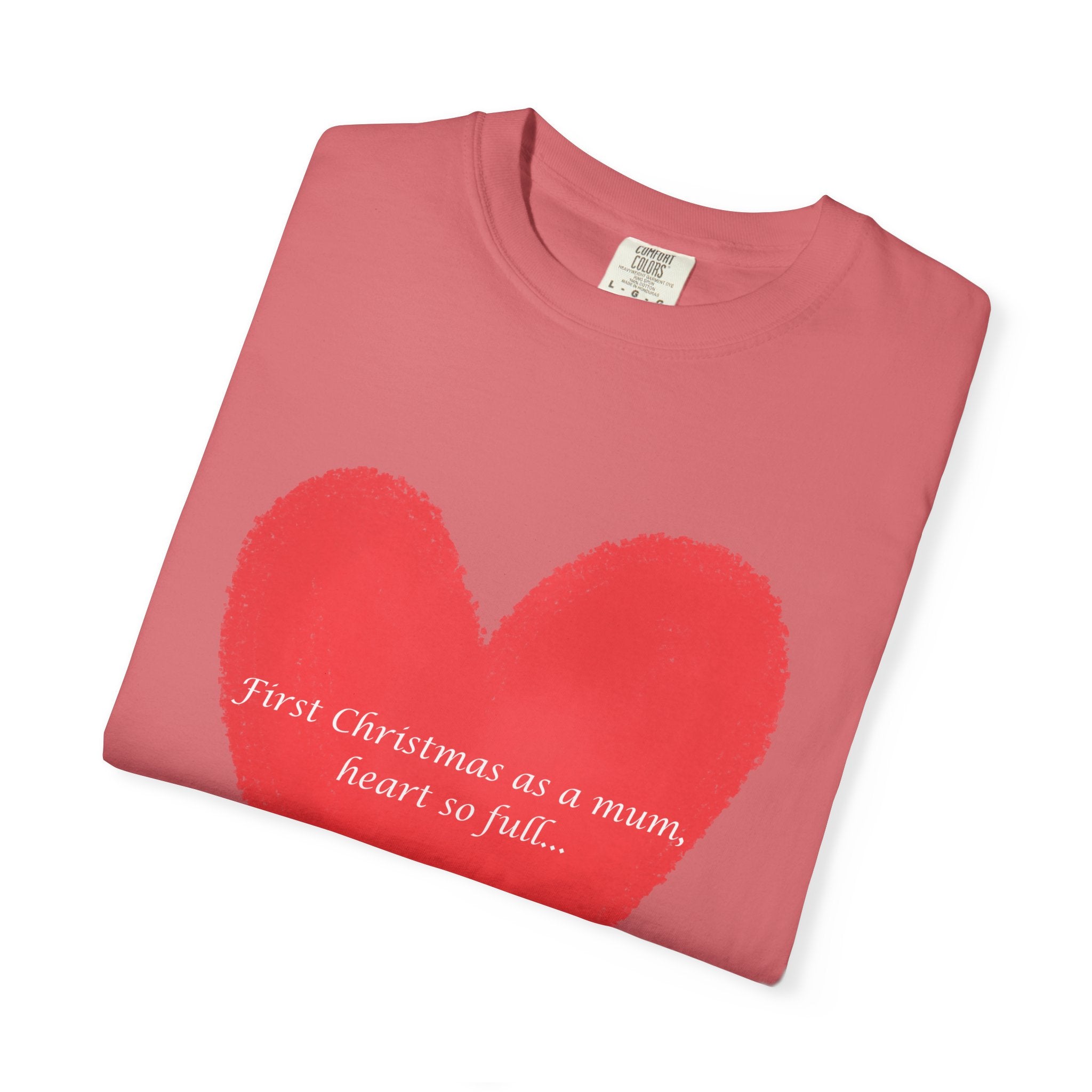 Pink T-shirt with painted red heart graphic and 'First Christmas as a mum' text