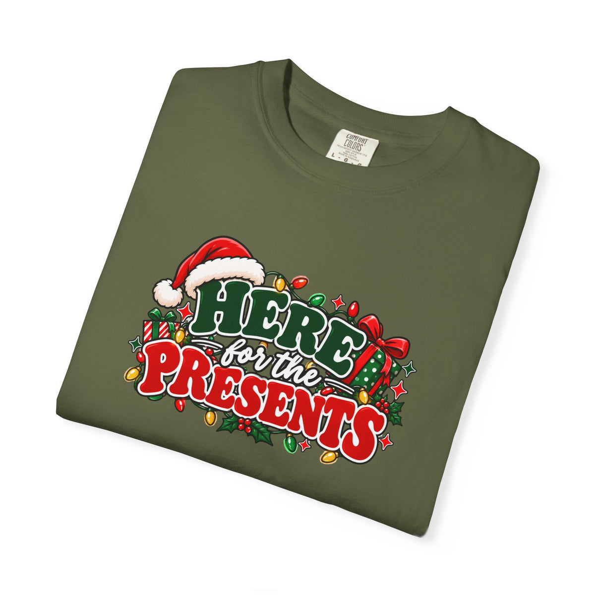 Olive green crewneck Christmas t-shirt with 'Here for the Presents' graphic