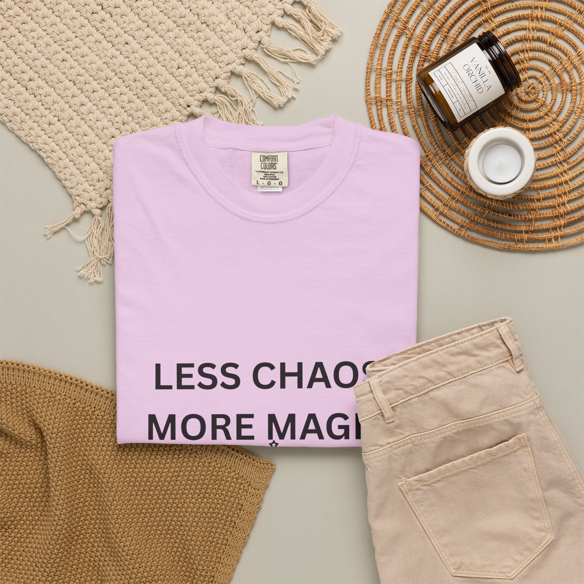 Less Chaos, More Magic T-Shirt — Crescent Moon + Stars Graphic Tee