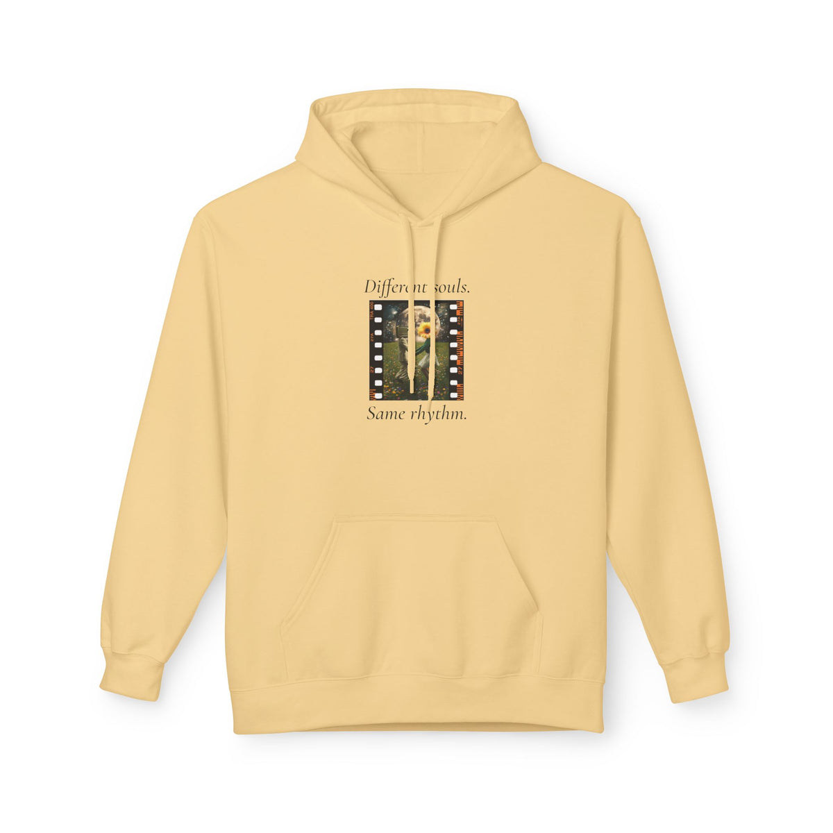 Yellow pullover hoodie with front pocket, hood, and music-themed graphic chest print