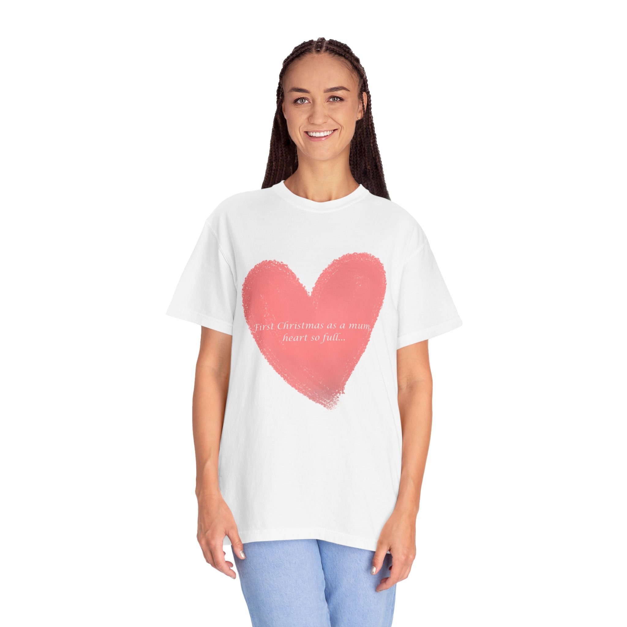 White crewneck T-shirt with pink heart brushstroke graphic and “First Christmas as a mum” text