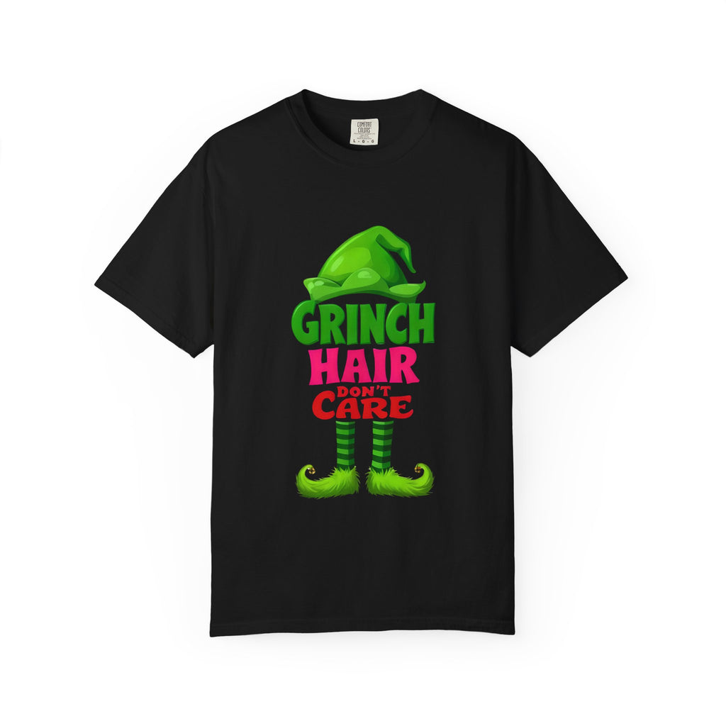 Black crew-neck T-shirt with Grinch Hair Don't Care front graphic