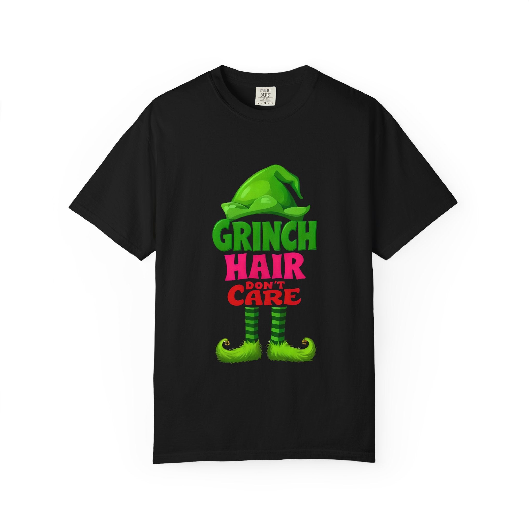 Black crew-neck T-shirt with Grinch Hair Don't Care front graphic