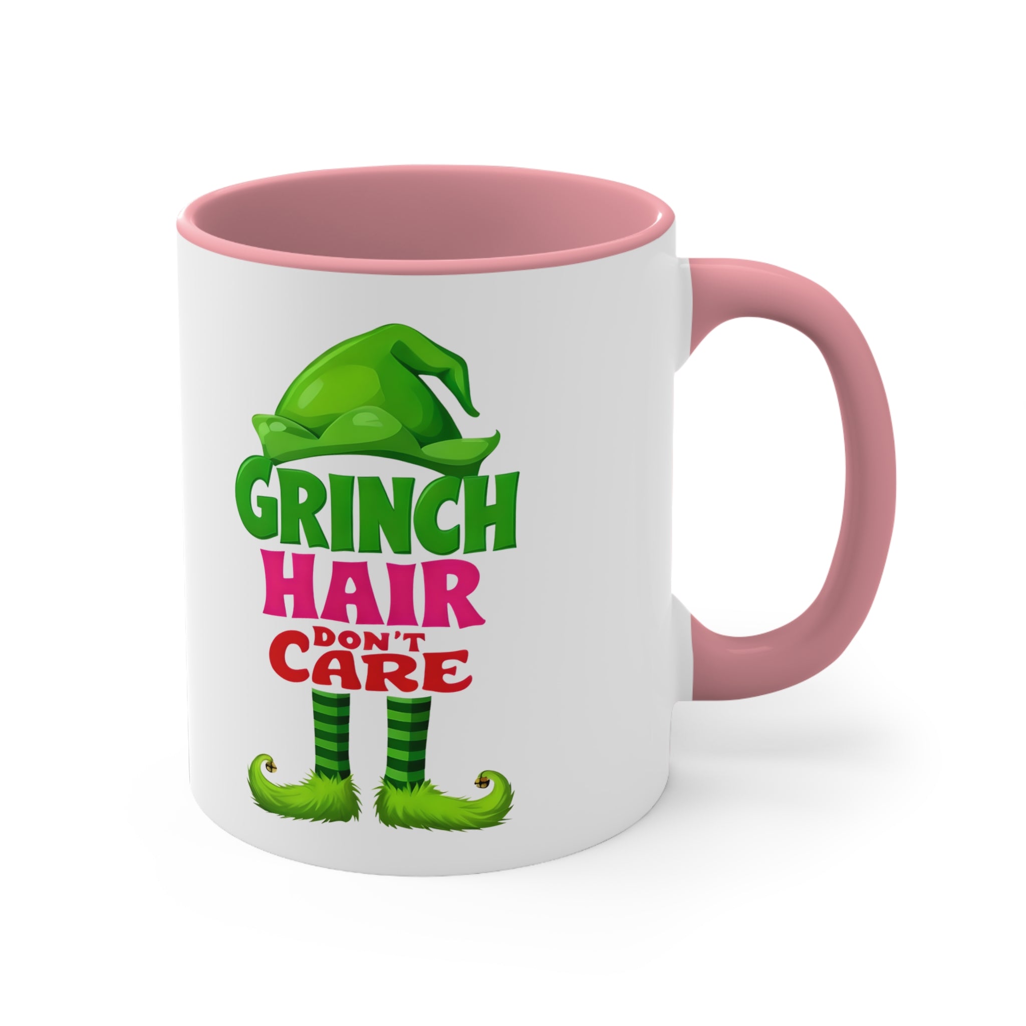 Christmas accent mug with 'Grinch Hair Don't Care' graphic, pink interior side view
