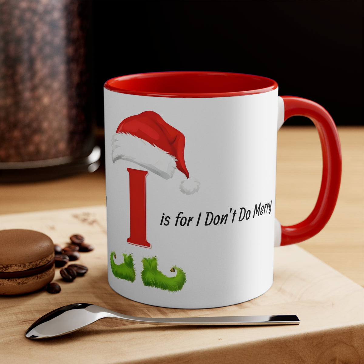 Coffee mug with Santa-hat letter I graphic, red interior and handle
