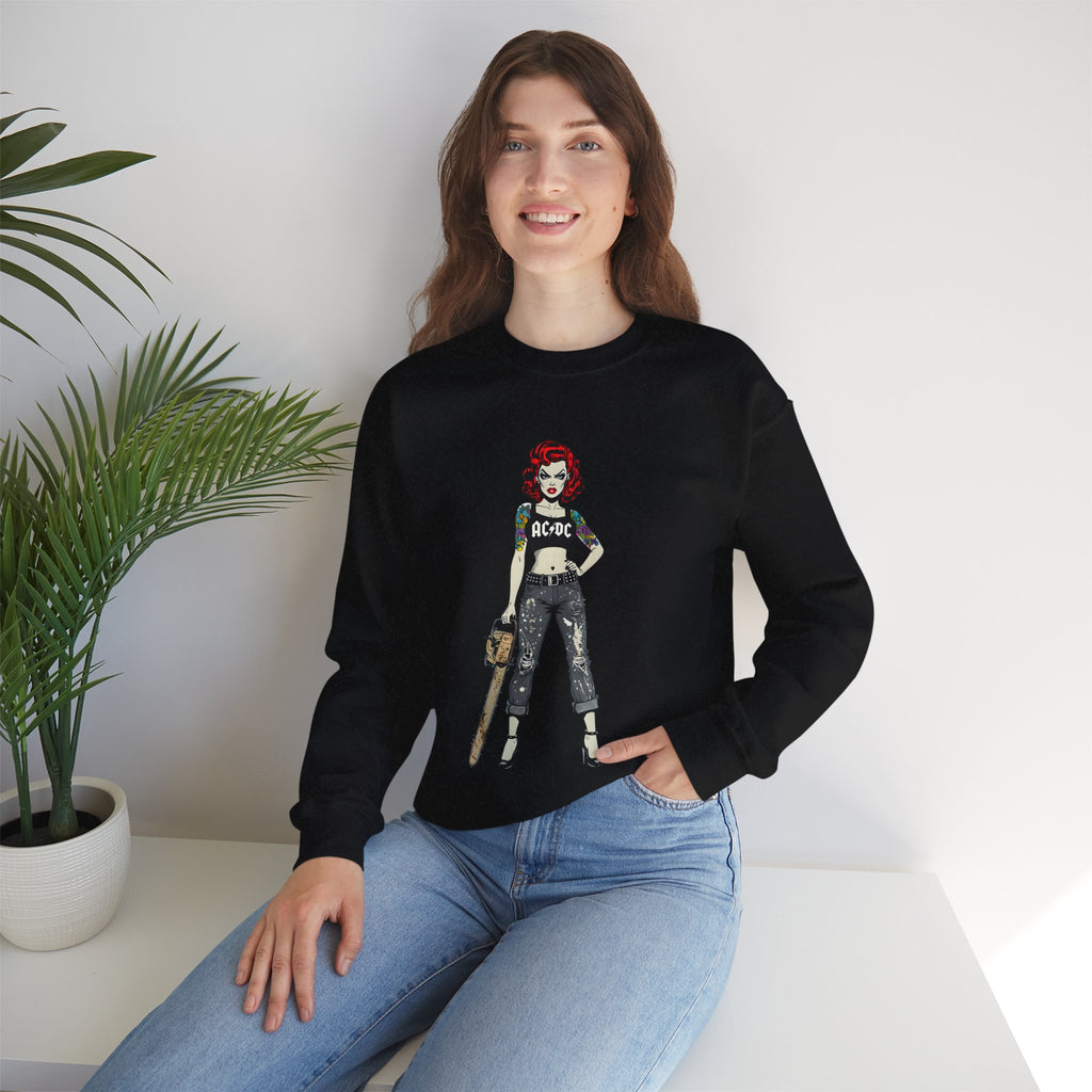 Black sweatshirt worn on model with comic-style AC/DC rock girl graphic