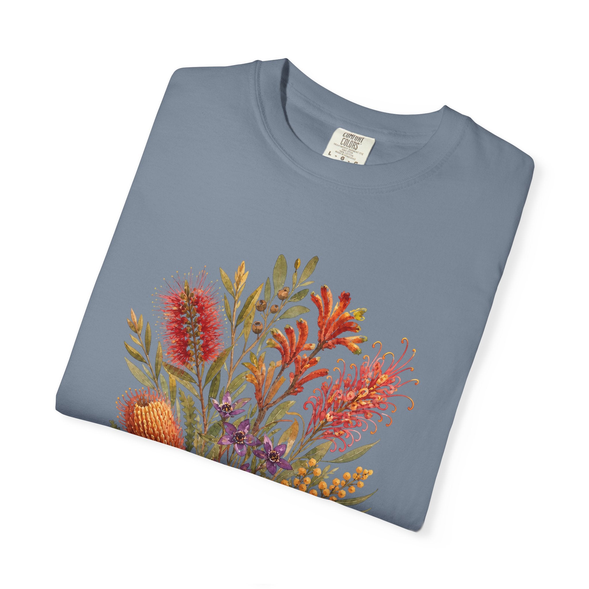 Blue jean crew-neck T-shirt with colorful botanical bouquet graphic in orange and purple