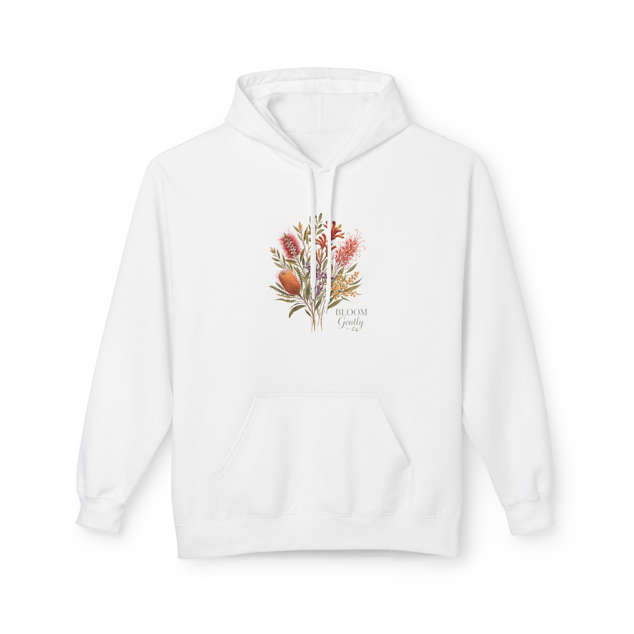 White hoodie with floral bouquet graphic on chest, drawstring hood, kangaroo pocket