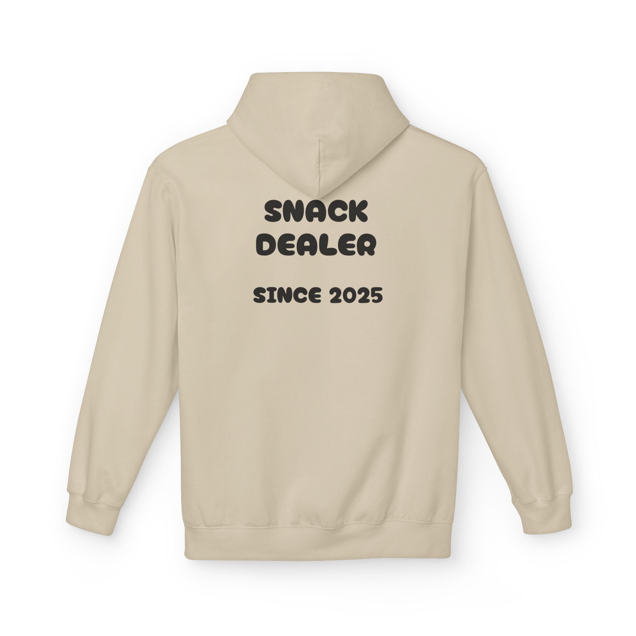 Sand/beige hoodie with back print: SNACK DEALER, SINCE 2025
