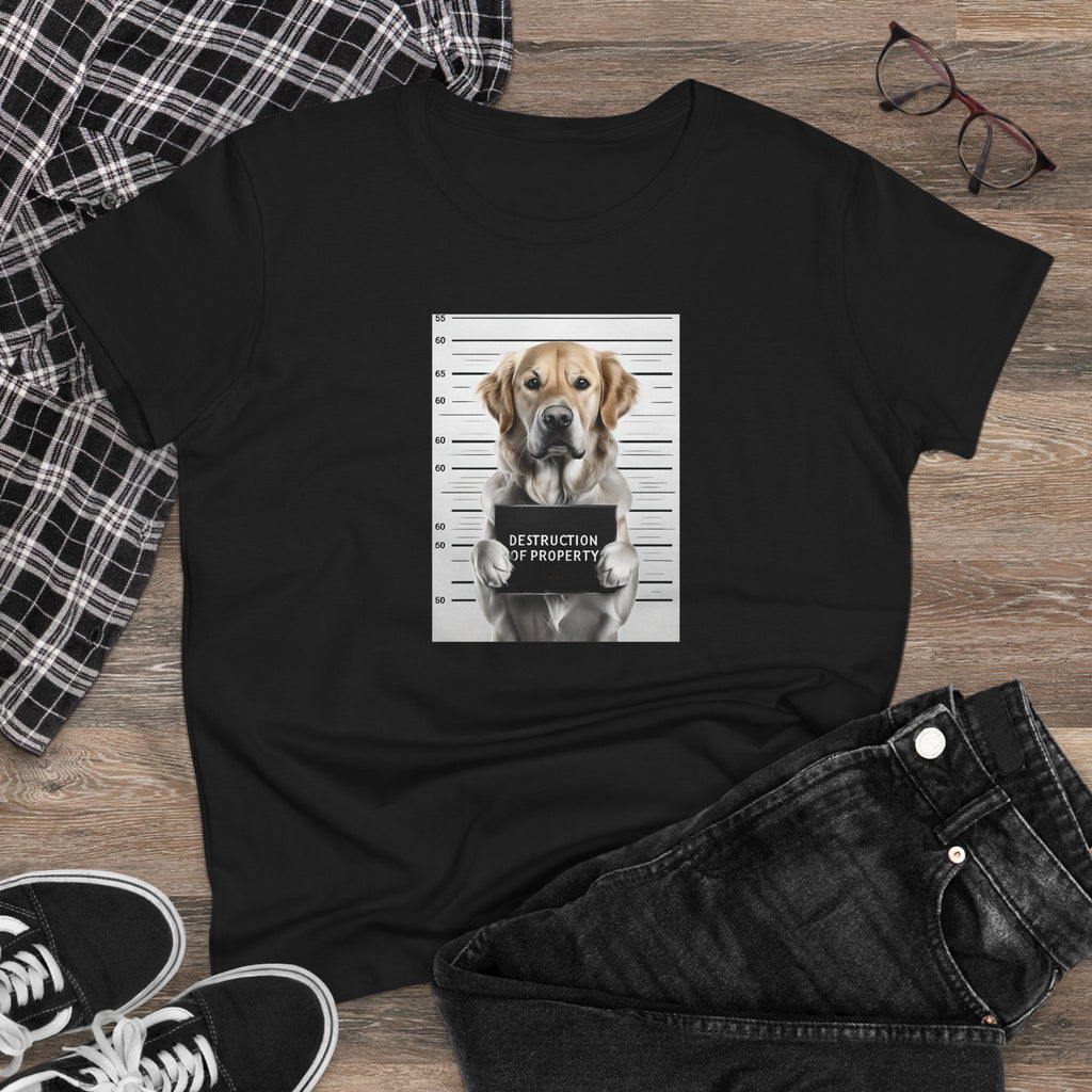 Black dog graphic mugshot tee laid flat with front print and crew neck