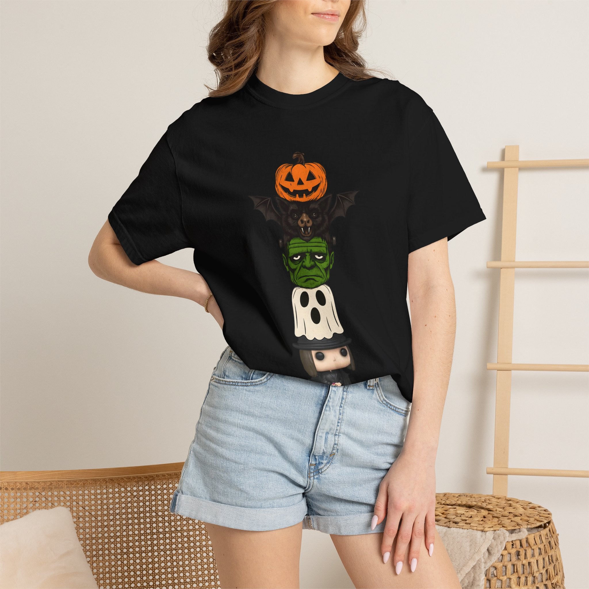 Halloween Totem Tee — Stacked Pumpkin, Bat, Frankenstein, Ghost & Prince of Darkness POP Graphic T-Shirt