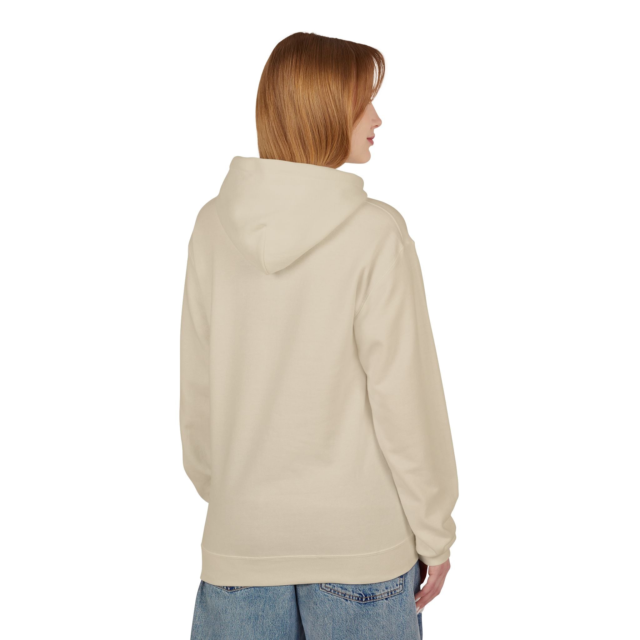 Sand hoodie rear view from the side, showing hood and smooth back panel