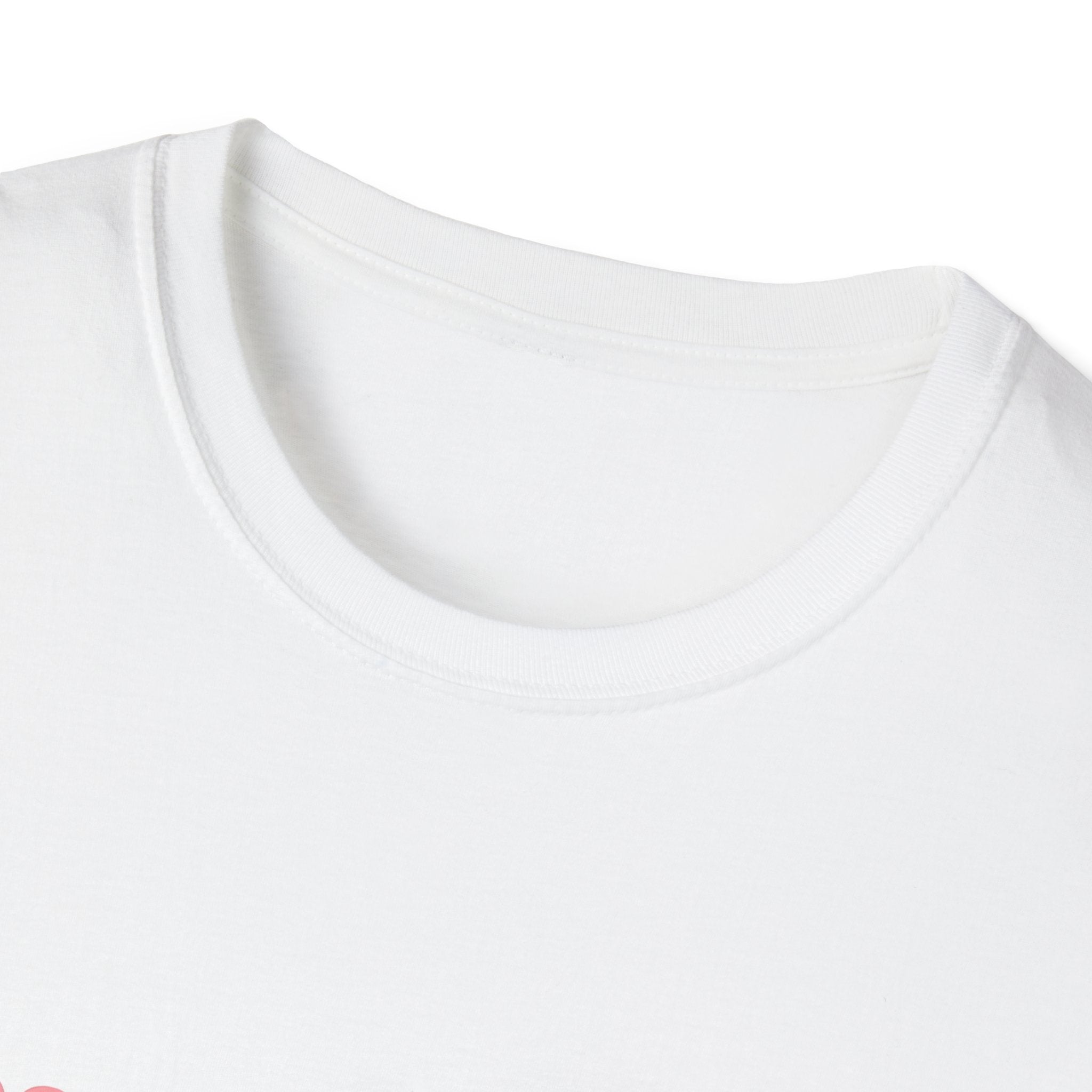 Unisex white T-shirt close-up of crew neck collar