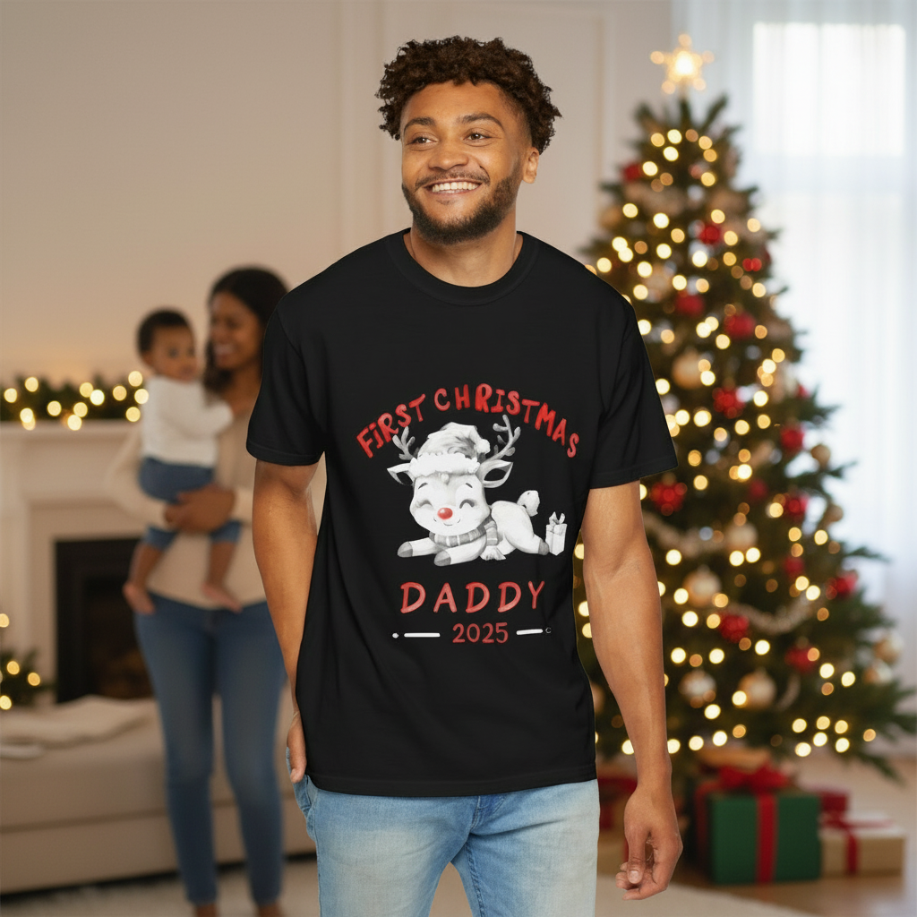 Black T-shirt with reindeer graphic and text “First Christmas Daddy 2025”