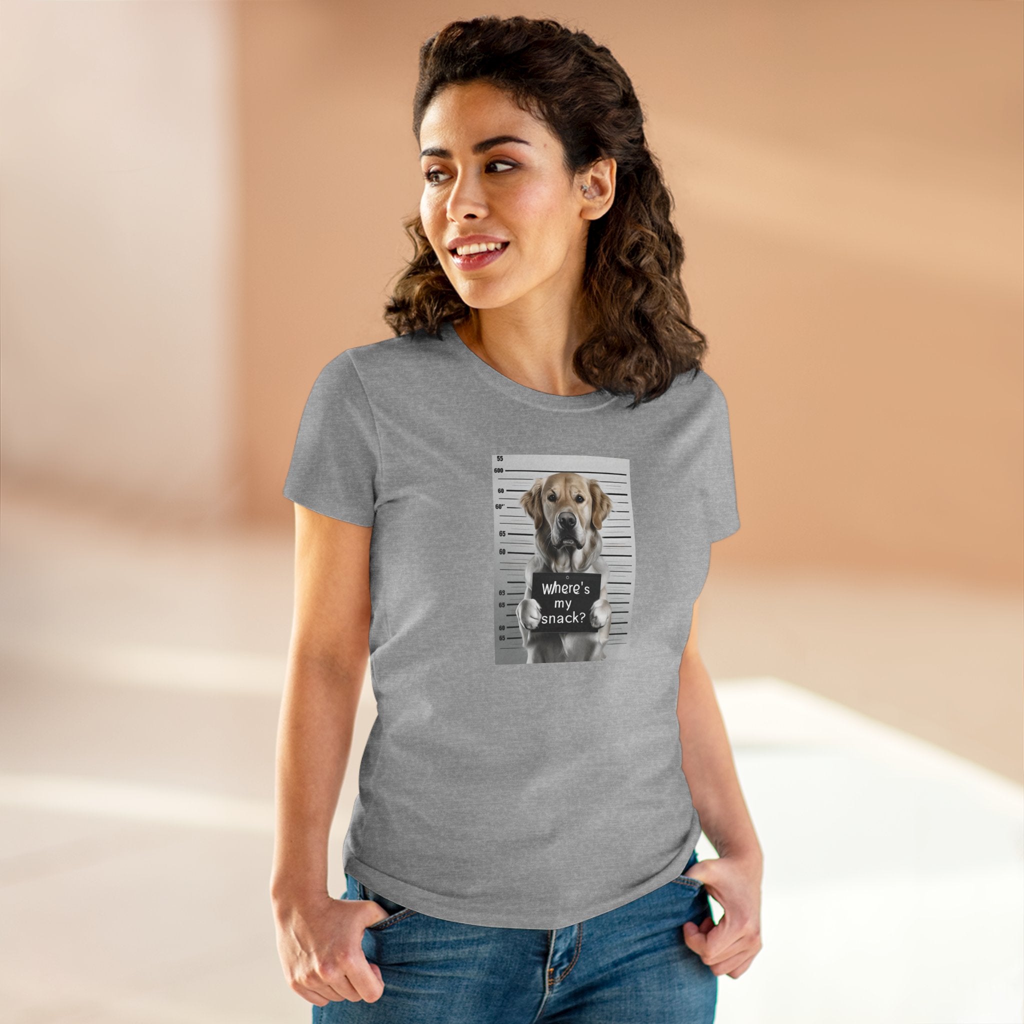 Sport grey dog graphic T-shirt with rectangular mugshot print and "Where's my snack?"