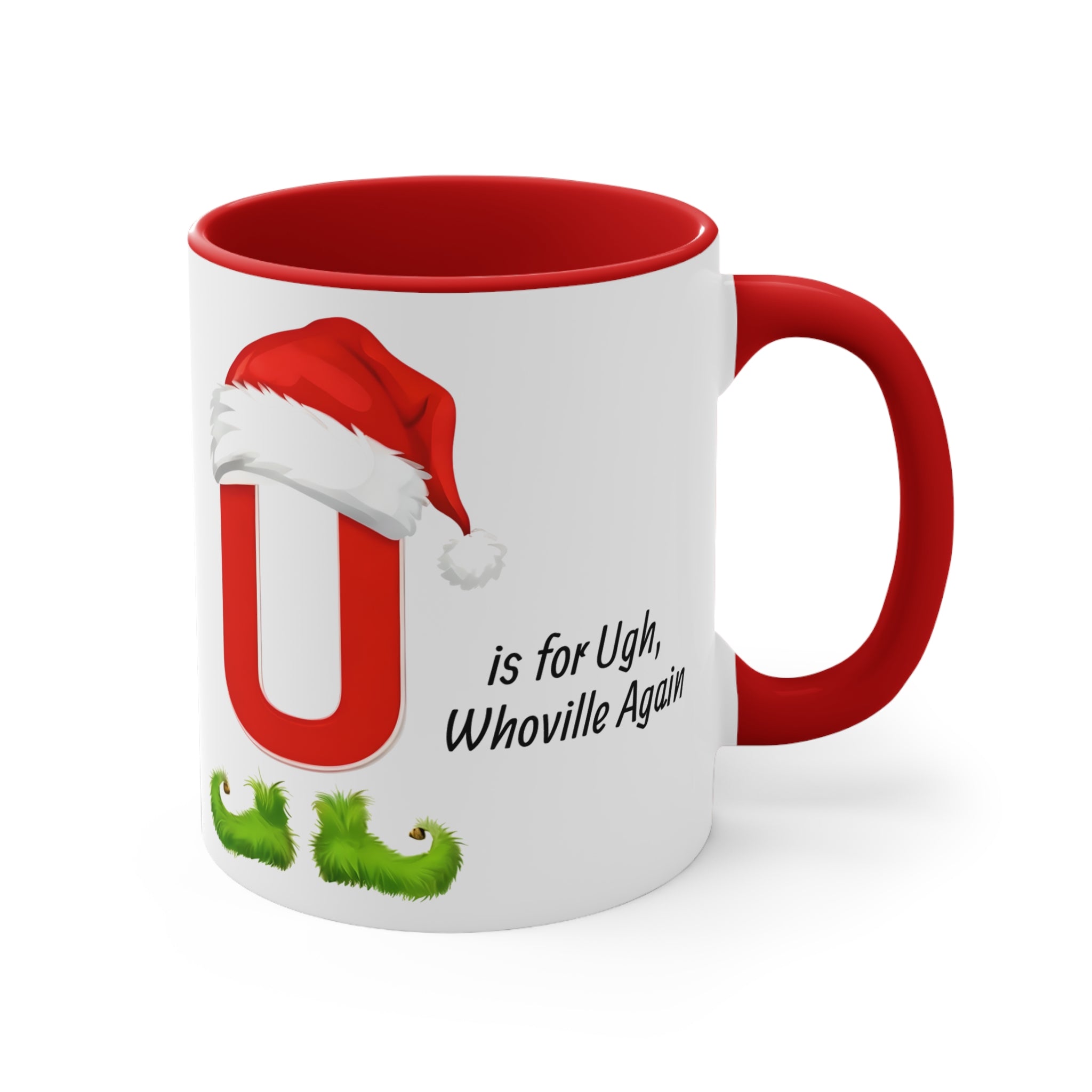 White Christmas letter U mug with red Santa hat, red handle and interior