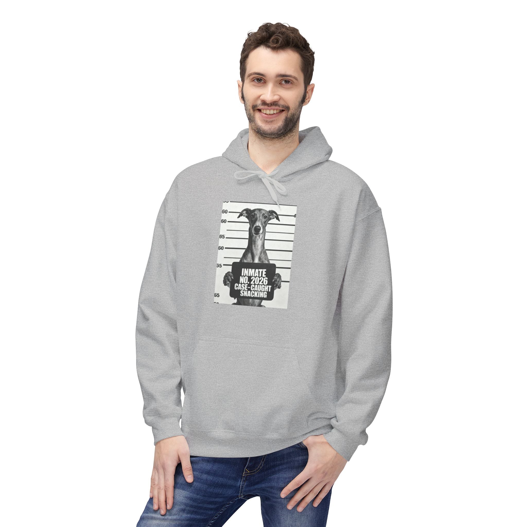 Sport grey pullover hoodie with front dog mugshot graphic and kangaroo pocket