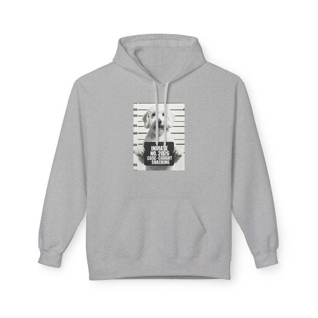 Light grey hoodie with front dog mugshot graphic, kangaroo pocket, and drawstring hood