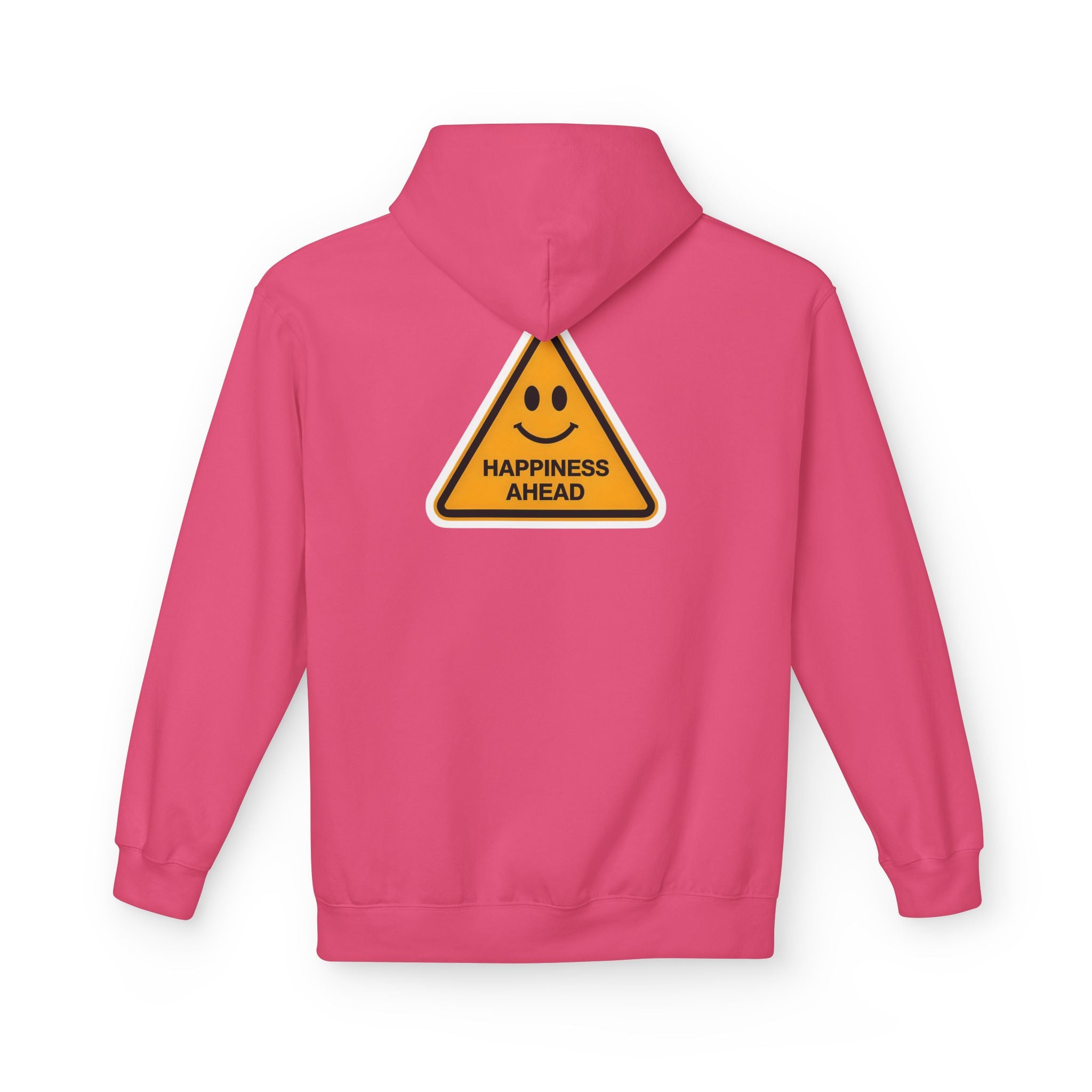Magenta unisex hoodie with back triangle “HAPPINESS AHEAD” graphic