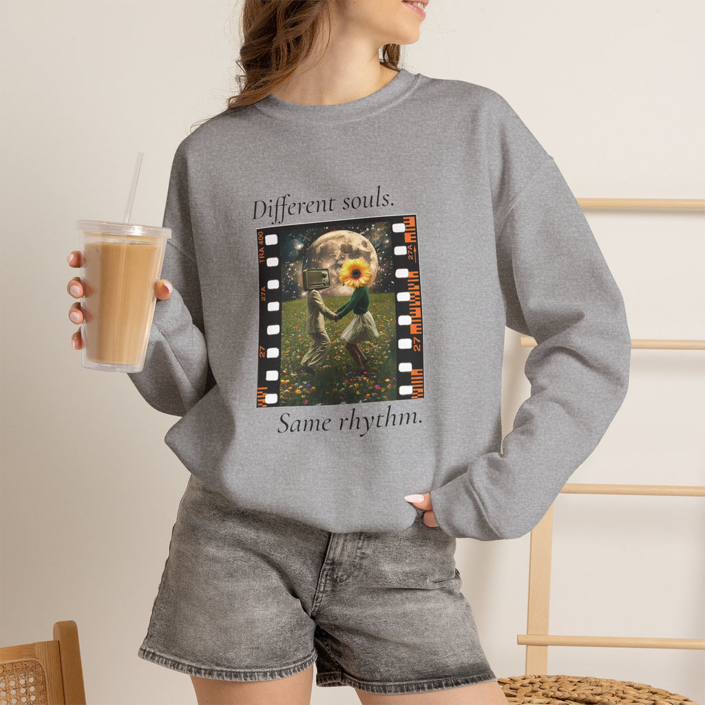 Ash gray crewneck sweatshirt with long sleeves and colorful front graphic print