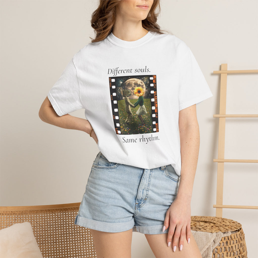 White T-shirt on model, featuring sunflower filmstrip graphic with “Different souls” and “Same rhythm”.