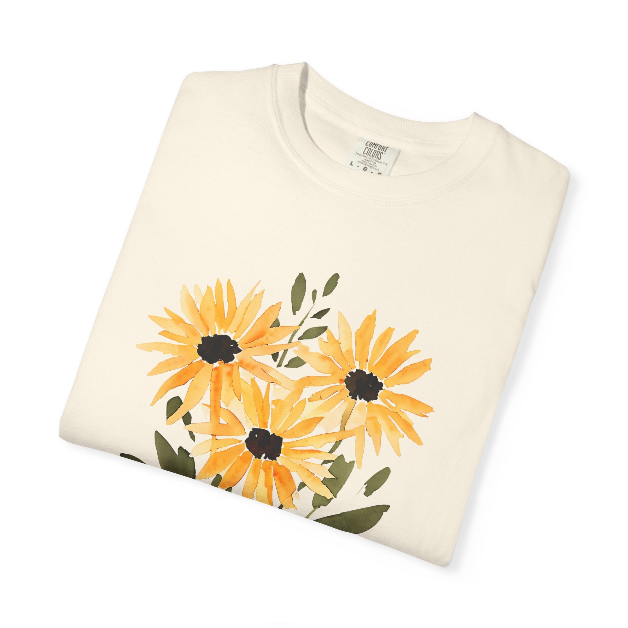 Ivory crew-neck T-shirt with orange sunflower bouquet print and green leaves