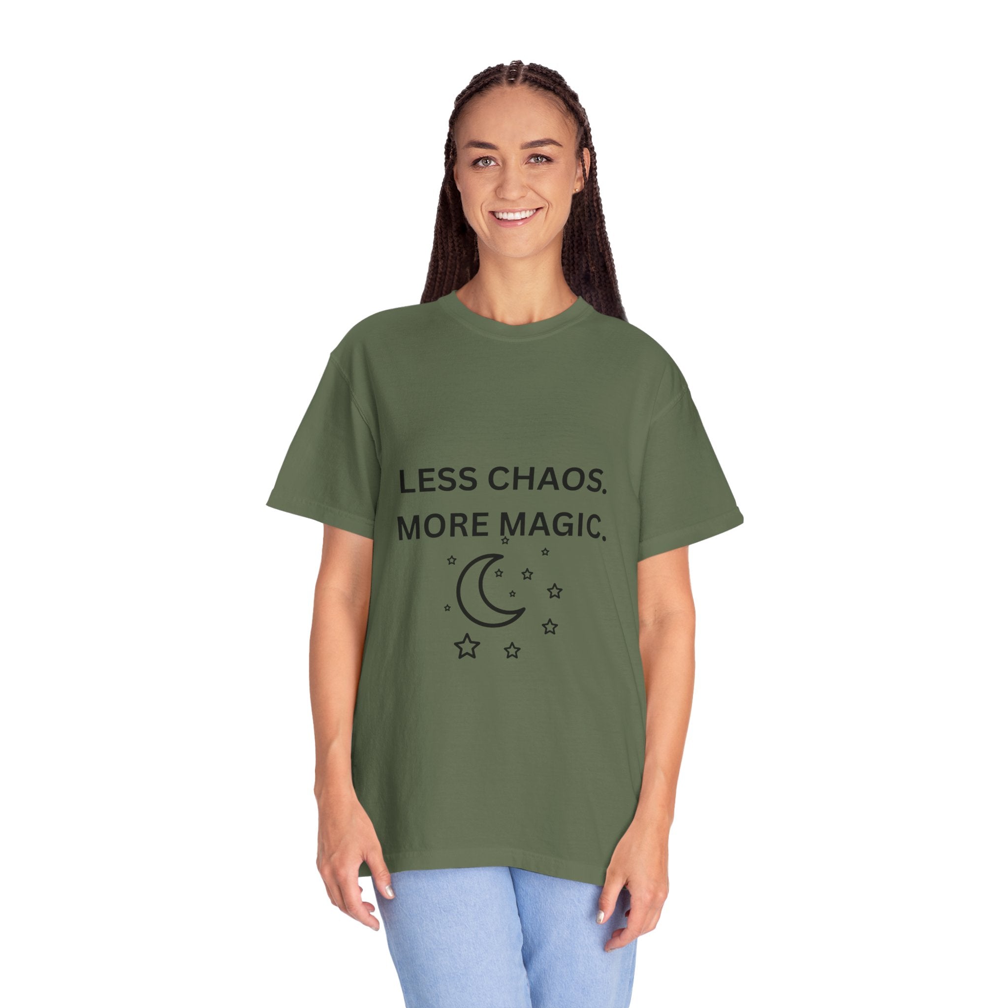 Less Chaos, More Magic T-Shirt — Crescent Moon + Stars Graphic Tee