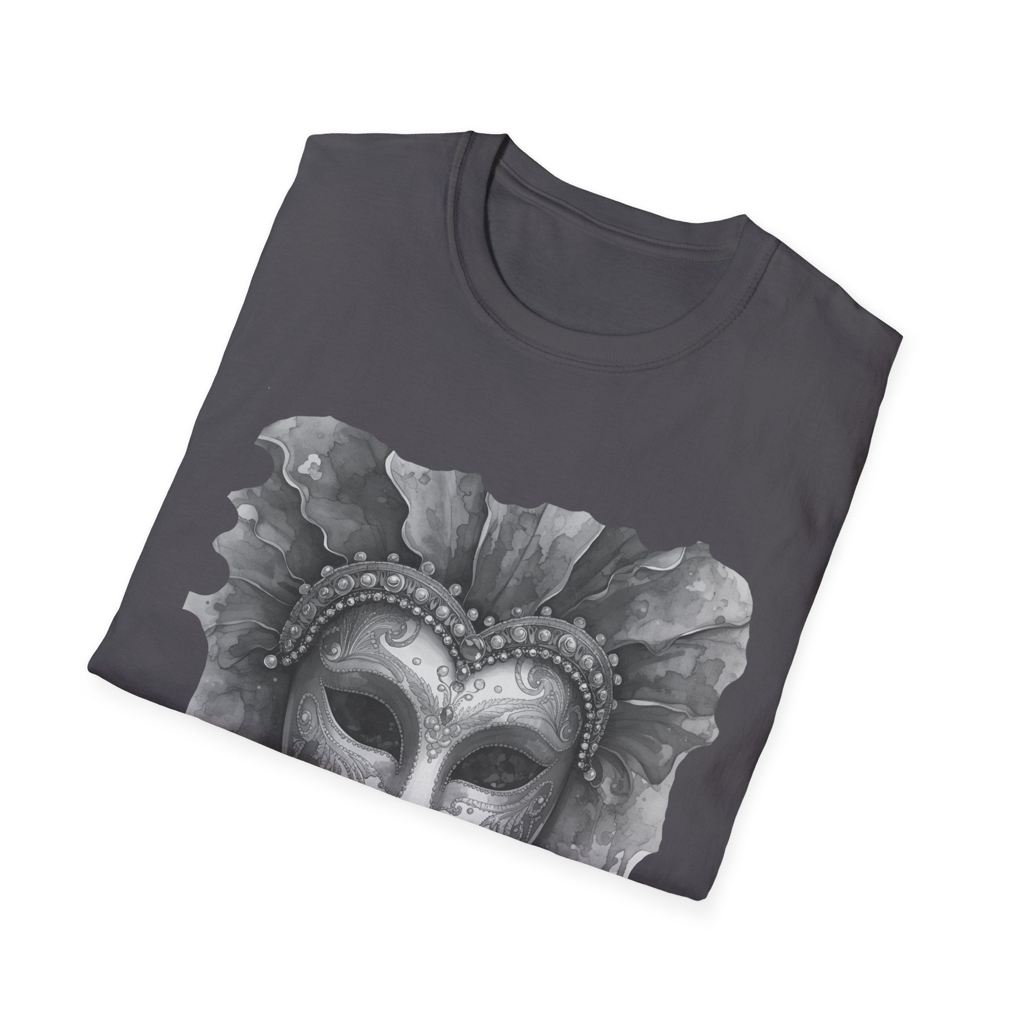 Dark grey face mask graphic t-shirt with grey watercolor-style masquerade design on chest